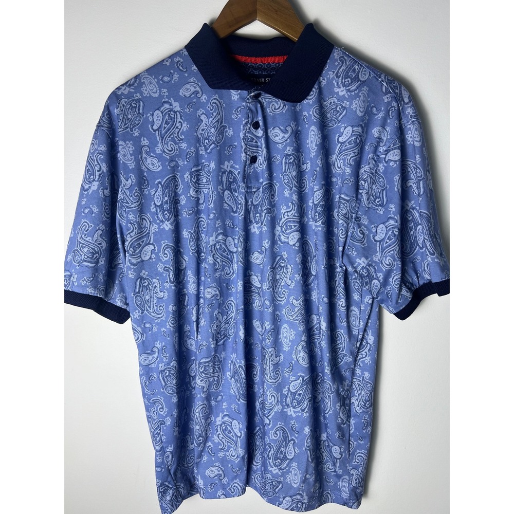 Silver Stone Polo Shirt Mens XXL Blue Paisley Print Short Sleeve Cotton Blend